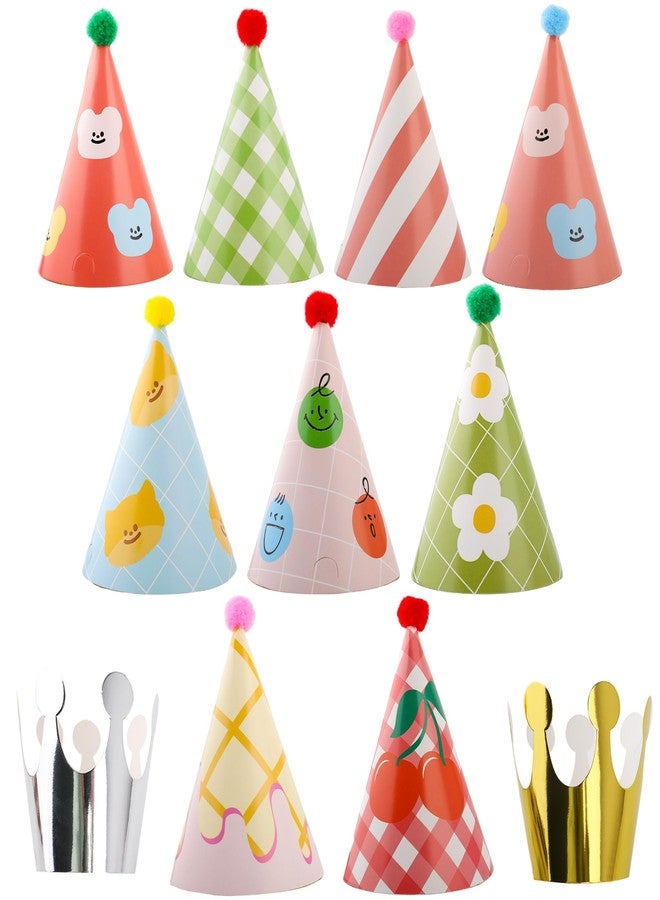 Inxens Mini Party Hats for Kids, 11 Piece Birthday Cone Hats for Stuffed Animals and Pets, 9 Paper Cones and 2 Crowns, DIY Assembly with Pom Poms, Cute Cherry Smiley Design - Image 2